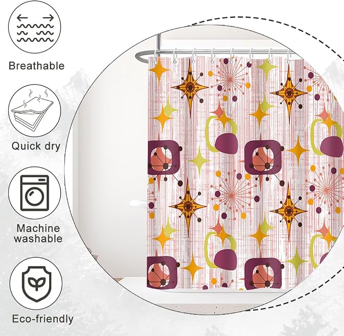 Mid Century Shower Curtain, 72x78inch, Modern Abstract Retro Red Striped Geometric Shower Curtain Sets 1950s Boho Bathroom Shower Curtain with 12 Hooks