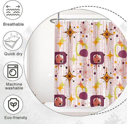 Mid Century Shower Curtain, 72x78inch, Modern Abstract Retro Red Striped Geometric Shower Curtain Sets 1950s Boho Bathroom Shower Curtain with 12 Hooks