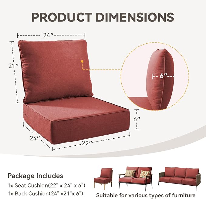 6" Thick Outdoor Chair Cushions - 22"* 24" Patio Furniture Cushions with Water Resistant & Removable Cover, 28D High Density Sponge Patio Cushion for Outdoor Furniture Couch Chair Red
