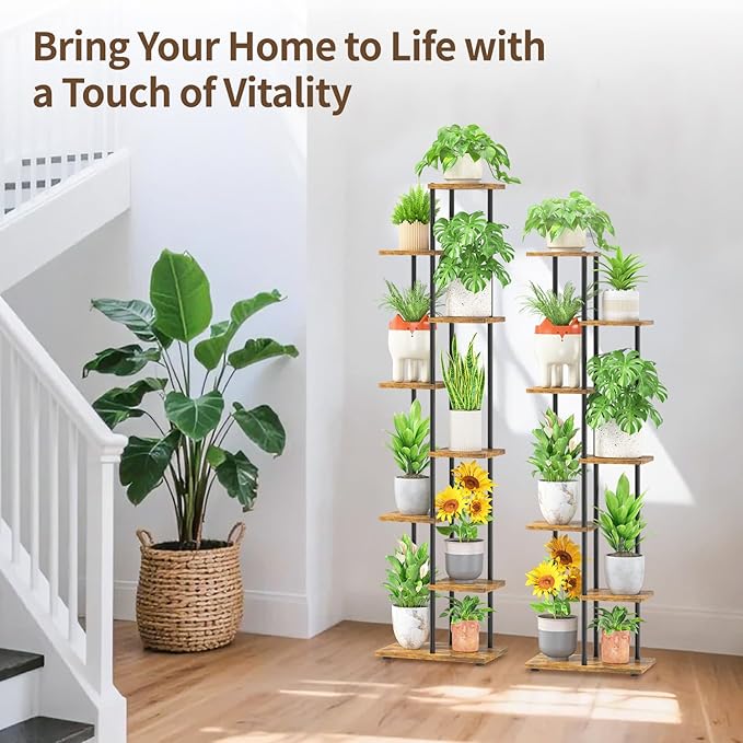 LASZOLA Black 7 Tiered Wood Plant Stand Indoor for Larger Heavy Duty Planter, Sturdy Multi Level Vertical Flowers Racks for Narrow Inside Floor, Decorate Shelving for Hold House Tree, Space Saving