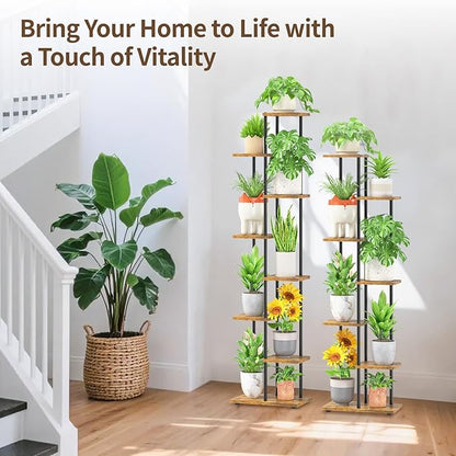 LASZOLA Black 7 Tiered Wood Plant Stand Indoor for Larger Heavy Duty Planter, Sturdy Multi Level Vertical Flowers Racks for Narrow Inside Floor, Decorate Shelving for Hold House Tree, Space Saving