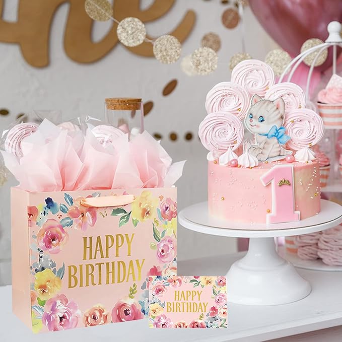 13" Large Happy Birthday Gift Bag with Card and Tissue Papers, Handles Floral Design for Women Girls Birthday Party (13" Pink)