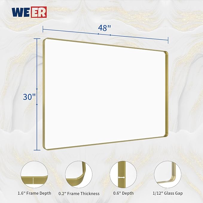 WEER Gold Bathroom Mirror, 48X30 Inch Brushed Gold Metal Frame Mirror, Rounded Rectangle Gold Bathroom Vanity Mirror for Wall, Tempered Glass, Anti-Rust, Hangs Horizontally or Vertically
