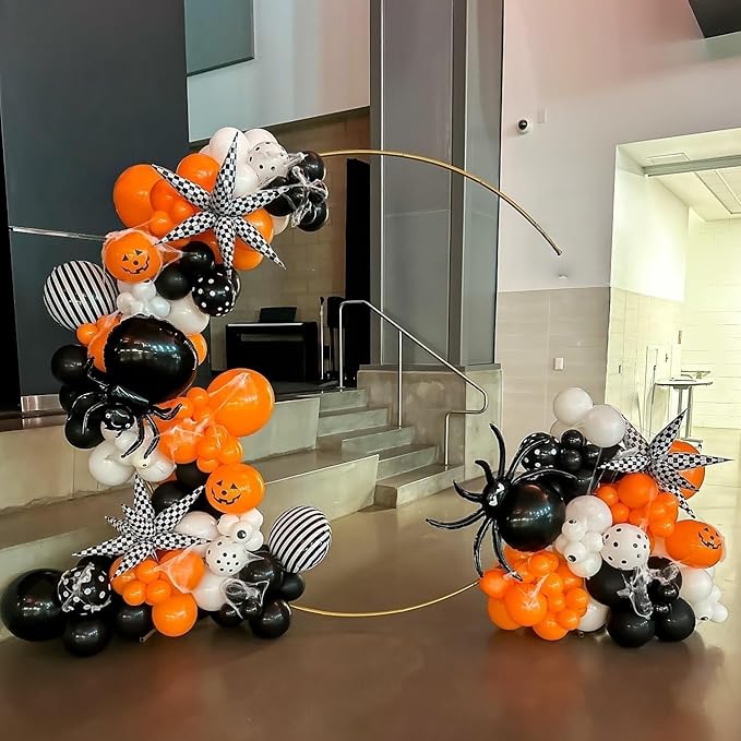 Halloween BOO Balloon Arch Garland Kit, Orange Black White Spooky Pumpkin Face Print Latex Balloons with Eyeball Spider Explosion Star Foil Balloon for Trick or Treat Scary Birthday Party Decorations