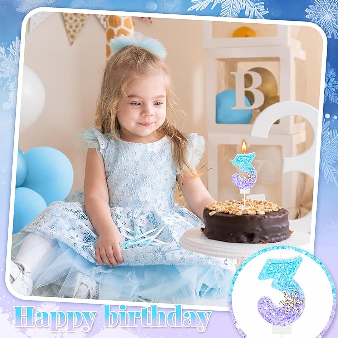 MTLEE Number 3 Birthday Candle Blue Snowflake with 6 Long Thin Cupcake Candles Blue Sparklers Glitter Number Happy Birthday Cake Topper Decorations for Winter Party Supplies