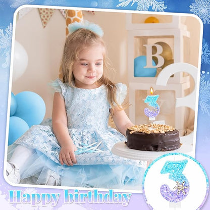MTLEE Number 3 Birthday Candle Blue Snowflake with 6 Long Thin Cupcake Candles Blue Sparklers Glitter Number Happy Birthday Cake Topper Decorations for Winter Party Supplies