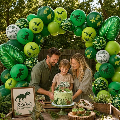 Dinosaur Balloons, 12 Inch Dino Printed Balloons with Palm Leaves Confetti Balloons for Birthday Party Jungle Dinosaur Safari Themed Decoration Supplies