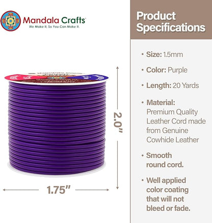 Mandala Crafts Round Genuine Purple Leather Cord for Jewelry Making – 1.5mm Cowhide Leather Rope String Lace for Kumihimo – 20 Yards Cowhide Craft Cording Spool