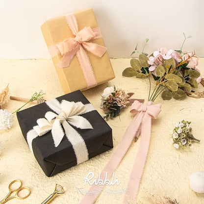 Ribbli 3 Rolls Pink Ribbon 1 Inch x 18 Yards Ivory Blush Dusty Pink Handmade Cotton Frayed Fringe Ribbons for Gift Wrapping Wedding Invites Bridal Bouquets Baby Shower DIY Crafts Home Decor