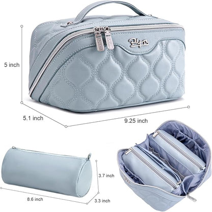 BOYATU Travel Makeup Bags for Women Cosmetic Bag: Puffy Make up Bags Set of 3 - Vegan Leather Makeup Organizer - Waterproof Large Toiletry Bag with Compartments - Travel Essentials (H-4-Blue)