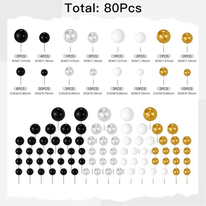NACHLYNN 80 Pcs Cake Balls Decorations Mini Balloon Cake Topper Balls Foam Cupcake Toppers Balls for Cake Decorating Birthday Parties Weddings Anniversary (Black Silver Gold Series)
