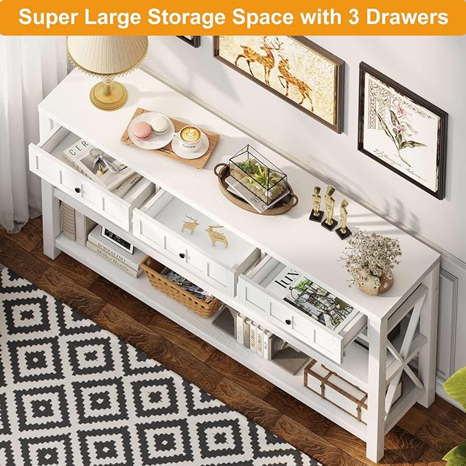 FATORRI Console Table for Entryway, Wood and Metal Sofa Table with 3 Drawers for Living Room, Farmhouse Hallway Tables and Modern Couch Tables Behind Sofa (54.72 Inch Long, White Oak)