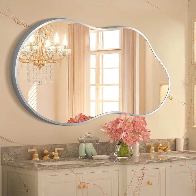Dorlicecass Irregular Wall Mirror - Wall Mirrors Decorative 24"x36" Silver Asymmetrical Mirror Tempered Glass Aviation Aluminum Alloy Frame for Bathroom, Bedroom, Living Room, Cloakroom, Entryway