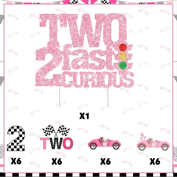 Two Fast Two Curious Birthday Decorations, 25Pcs Race Car Cake Topper Cupcake Toppers Pink for Girl 2nd Birthday Let’s Go Racing Party Supplies