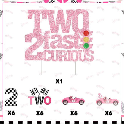 Two Fast Two Curious Birthday Decorations, 25Pcs Race Car Cake Topper Cupcake Toppers Pink for Girl 2nd Birthday Let’s Go Racing Party Supplies