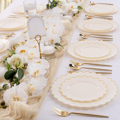 LIYH 60 Pcs Ivory and Gold Scalloped Plastic Plates - Disposable Fancy Combo Plates Includes 30 Dinner Plate 10.25" and 30 Dessert Plate 7.5" Plastic Heavy Weight Party Tableware Dishes