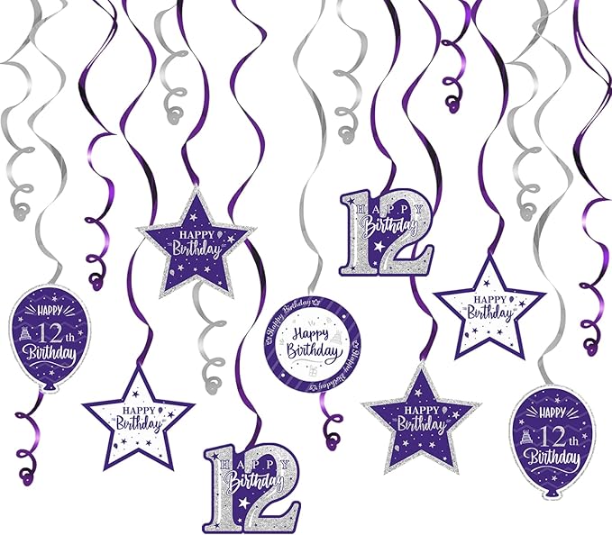 Happy 12th Birthday Purple & Silver Glitter Swirls Streamers Party Decorations - 15 Pcs 12th Birthday Hanging Swirls Streamers Kit,Cheers to Twelve Years Old Bday Party Sign.
