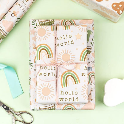 LeZakaa Baby Shower Wrapping Paper Roll, Baby Suit Rainbow Sun Sweet Clouds in Khaki, for Baby Boys Girls, 1st Birthday, Newborn Party, Mini Roll with Cut Lines, 17 x 120 inches, 3 Rolls