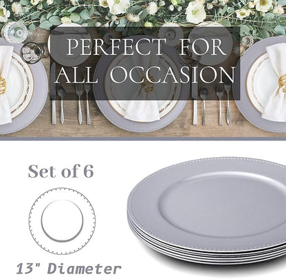 MAONAME Silver Charger Plates Set of 6, Round Dinner Chargers with Beaded, 13 Inch Plastic Plate Chargers for Wedding, Table Decor