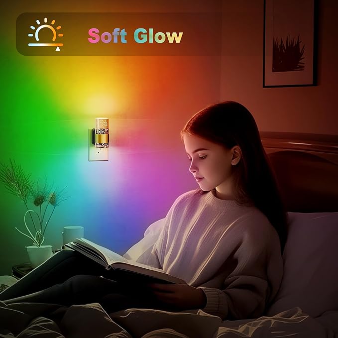 JandCase Night Lights Plug into Wall,Color Changing Night Light for Kids, 3000K+RGB 10-Color LED Nightlight with Dusk to Dawn Sensor, 10/50/100LM Adjustable Brightness for Rooms Home Decor