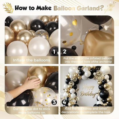 Black and Gold Balloon Arch Garland Kit 150pcs 2026 New Year's, Double Stuffed Pearl Sand White Black Chrome Gold Balloons Arch Kit for Graduation Father's Day Birthday Party Decoration