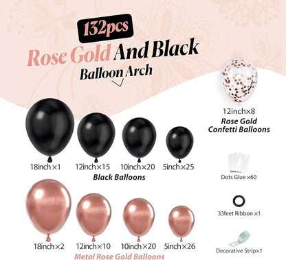 132pcs Rose Gold and Black Balloon Arch Kit, Metallic Rose Gold and Black Balloons Different Sizes of 18 12 10 Inch with Confetti Balloon for Wedding Graduation Baby Shower Birthday Party Decoration