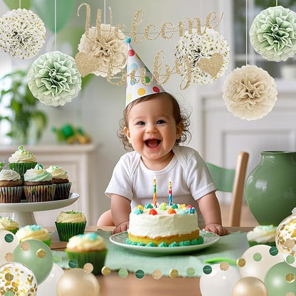 Baby Shower Decorations Sage Green Balloons Welcome Baby Banner, Pom Poms Flowers , Circle Dots Star Garland, Boys or Girls Gender Reveal Birthday Party Supplies
