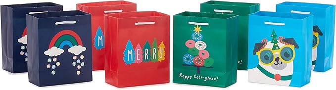 Hallmark 6" Small Christmas Gift Bags for Kids (8 Bags: Rainbow Candy, Donut Tree, Merry, Cute Pug Puppy) for Gift Cards, Holiday Party Favors, Teacher Presents