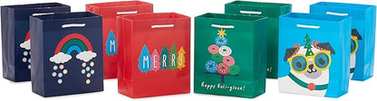 Hallmark 6" Small Christmas Gift Bags for Kids (8 Bags: Rainbow Candy, Donut Tree, Merry, Cute Pug Puppy) for Gift Cards, Holiday Party Favors, Teacher Presents