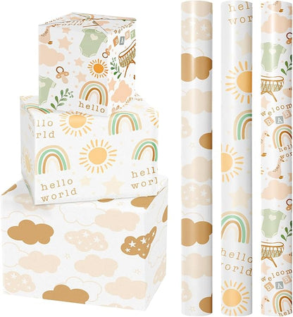 LeZakaa Baby Shower Wrapping Paper Roll, Baby Suit Rainbow Sun Sweet Clouds in Khaki, for Baby Boys Girls, 1st Birthday, Newborn Party, Mini Roll with Cut Lines, 17 x 120 inches, 3 Rolls