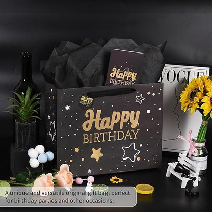 16" Black Happy Birthday Gift Bag with Tissue Paper and Greeting Card for Party,Happy Birthday Gift Bag for Men Women,Gift Bags Extra Large(1 PCS Black Hot Stamping)