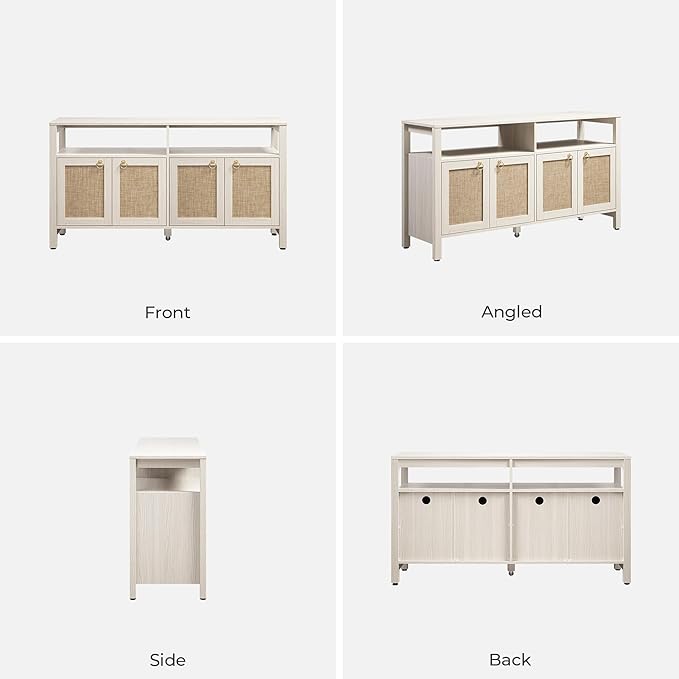 SICOTAS Rattan TV Stand for Television up to 120" - Large Entertainment Center with Storage and Open Shelves, Boho Media TV Console Cabinet with Doors and Adjustable Shelf for Living Room