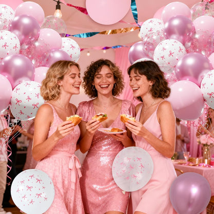 Patimate Pink Bow Balloons Set, 50 pcs 12 inch Metallic Pastel Pink White Transparent Bow Print Balloons Kit for Coquette Birthday Baby Shower for Girls Women Wedding Bridal Shower Party Decorations