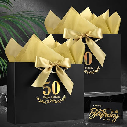 JMANNI Black Gold 50th Birthday Gift Bag with Card and Tissue Paper, 12.6"×9.84"×3.9" Elegant Present Bag for Men Women, 50 Year Old Birthday Keepsake Party Supplies