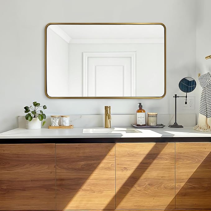 ANDY STAR Brushed Gold Bathroom Mirror 48”X30”, Brass Bathroom Vanity Mirror Rounded Rectangle, SUS304-Anti-Rust Metal Frame Mirror, Wall Mounted Horizontal/Vertical 1’’ Deep