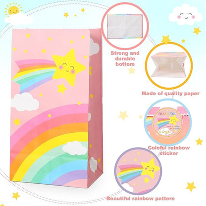 Nezyo 24 Pack Rainbow Goodie Bags with Stickers Rainbow Party Favor Bags, Turquoise, 8.7 x 4.7 x 3.1 Inch Pastel Gift Bag for Birthday Party Favors Candies Snacks Treats Decorations