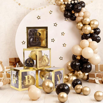 Voircoloria Baby Boxes with 42pcs Letters for Baby Shower Transparent Balloon Boxes Clear Balloon Box Blocks for Boy Girl Gender Reveal Party and Birthday Party (Gold)