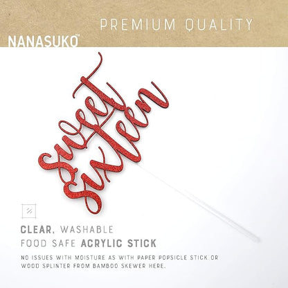 16th Birthday Cake Topper - Sweet Sixteen - Double Sided Red Glitter - Premium Quality Made in USA