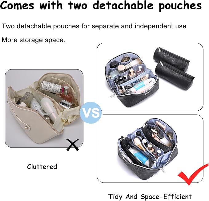 BOYATU Travel Makeup Bag for Women: Cosmetic Organizer Bag with Compartments - Leather Make up Bags Set of 3 (G-4-Black)