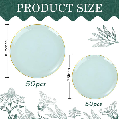 PULOTE 100PCS Sage Green Plastic Plates - Disposable Sage Green Include 50 Dinner / 50 Dessert Plates for Party, Wedding&Easter