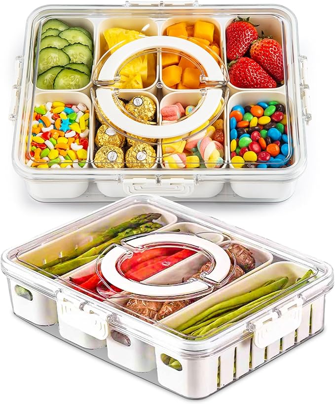 Snackle Box Container,2 Pack Divided Clear Snack Box Serving Tray with Lid and Handle,Charcuterie Board with Lid, Snack Organizer for Beach Picnic, Refrigerator Fresh, Party, Holidays and Travel