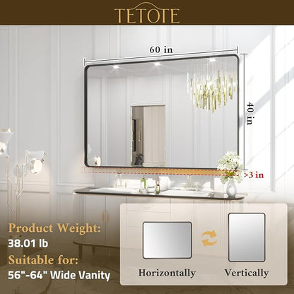 TETOTE 60 x 40 Inch Black Frame Mirror, Bathroom Vanity Mirror for Wall, Modern Rectangle Round Corner Matte Framed Mirror (Horizontal/Vertical)