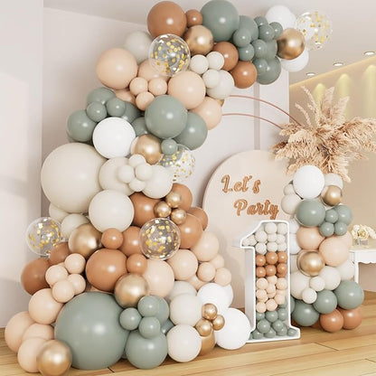 DBKL Dusty Green Nude Balloon Garland Arch Kit, Cream White Sand Sage Green Brown Gold Confetti Balloons for Baby Shower Wedding Birthday Gender Reveal Gender Reveal Party Decorations