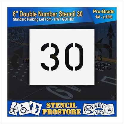 Pavement, Curb, and WheelStop Stencils - 6 inch Double Number Stencil - (30) - 6" x 9" x 1/8" (128 mil) - Pro-Grade