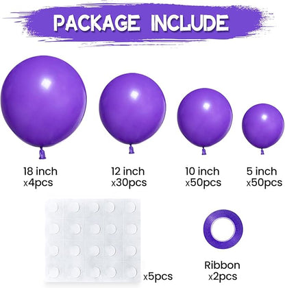 134Pcs Purple Balloons Different Sizes 5 10 12 18 Inch Purple Balloon Garland Arch Kit Latex Balloons for Birthday Wedding Baby Shower Party Decorations.