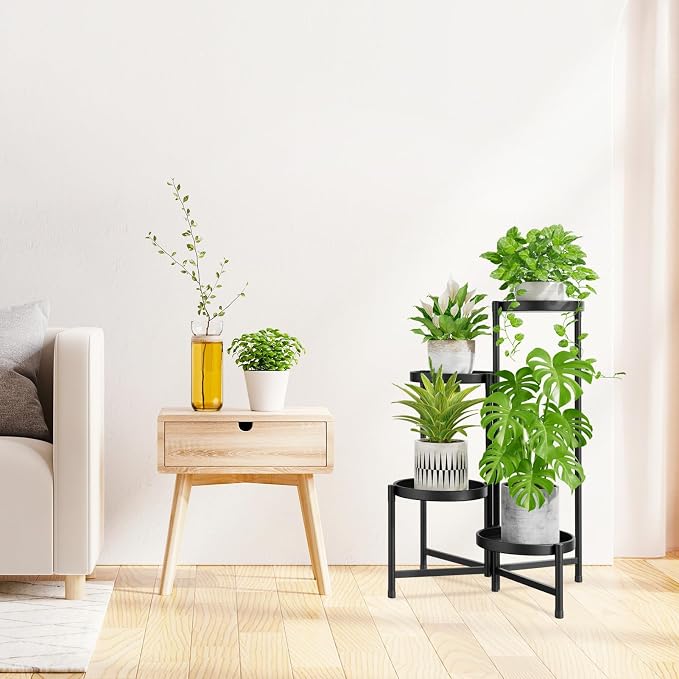 iDavosic.ly 4 Tier Large Plant Stand Indoor with 10 Inch Wide Tray, Tiered Corner Metal Outdoor Flower Display Holder Shelf, Folding Tall Rack for Patio Porch Living Room, Modern Black