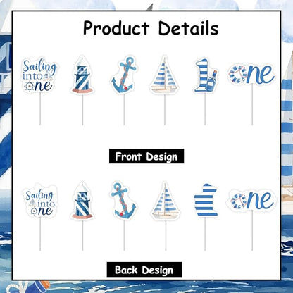 24pcs Nautical 1st Birthday Cupcake Topper Nautical First Birthday Decorations Sailing Into One Party Decoration Ocean Sailor Lighthouse Boat Anchor Party Cake Decoration for Little Captain