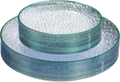 Rubtlamp 60Pcs Green Plastic Plates, Clear Plastic Disposable Plates With Green Rim, Heavy Duty Fancy Hammered Party Plates Include 30 Dinner Plates,30 Salad Plates For Christmas