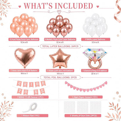 Bridal Shower Decorations Rose Gold Bridal To Be Balloon Set with Star Heart Diamond Ring Foil Balloons Bunting Banner Heart Paper Garland Rose Gold White Bachelorette Marriage Engagement Party Women