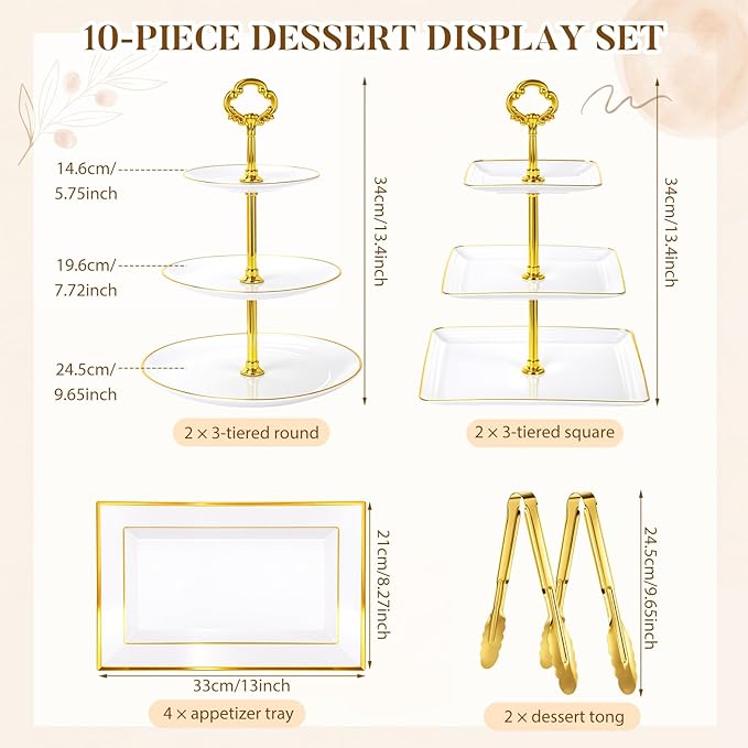 Willinglong 10 Pack Cake Stand Set Cake Stand with Gold Rim, 4 Three-tier Cupcake Stands, 4 Serving Trays, and 2 Tongs for Dessert Table Display, Elegant Plastic Pastry Tower for Weddings Showers